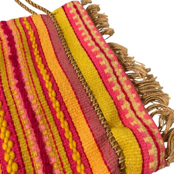 Handwoven Wool Striped Bohemian Tote Bag With Fringe Pink Orange Yellow - Picture 3 of 5